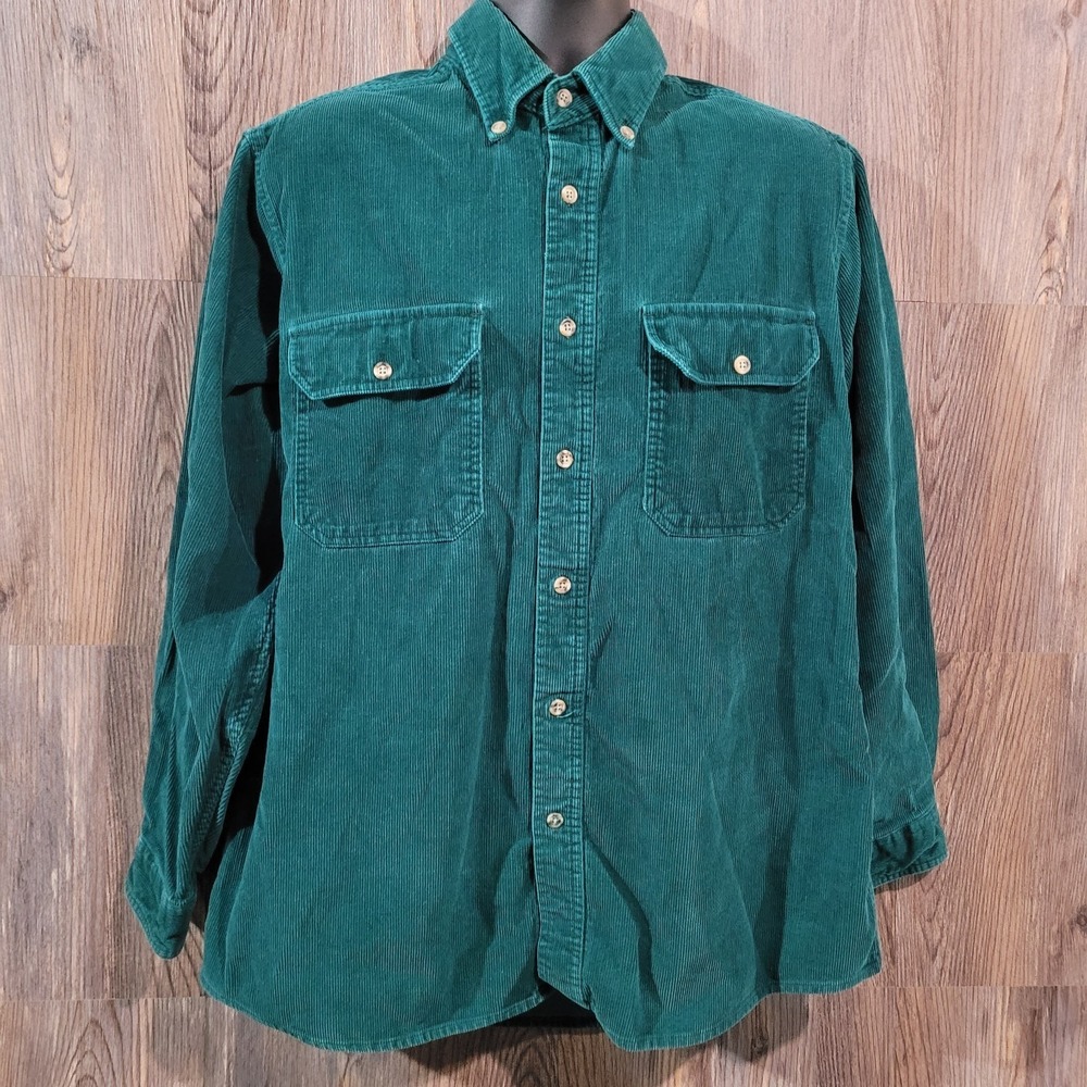 Cabela's Button Down Corduroy Shirt Sz L Pine Green Outdoors Hunting Hike Pocket